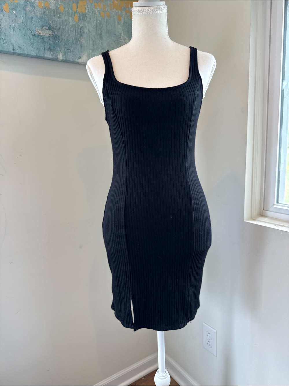 silence + noise Black Ribbed Square-Neck Mini Dress M capsule quiet luxury